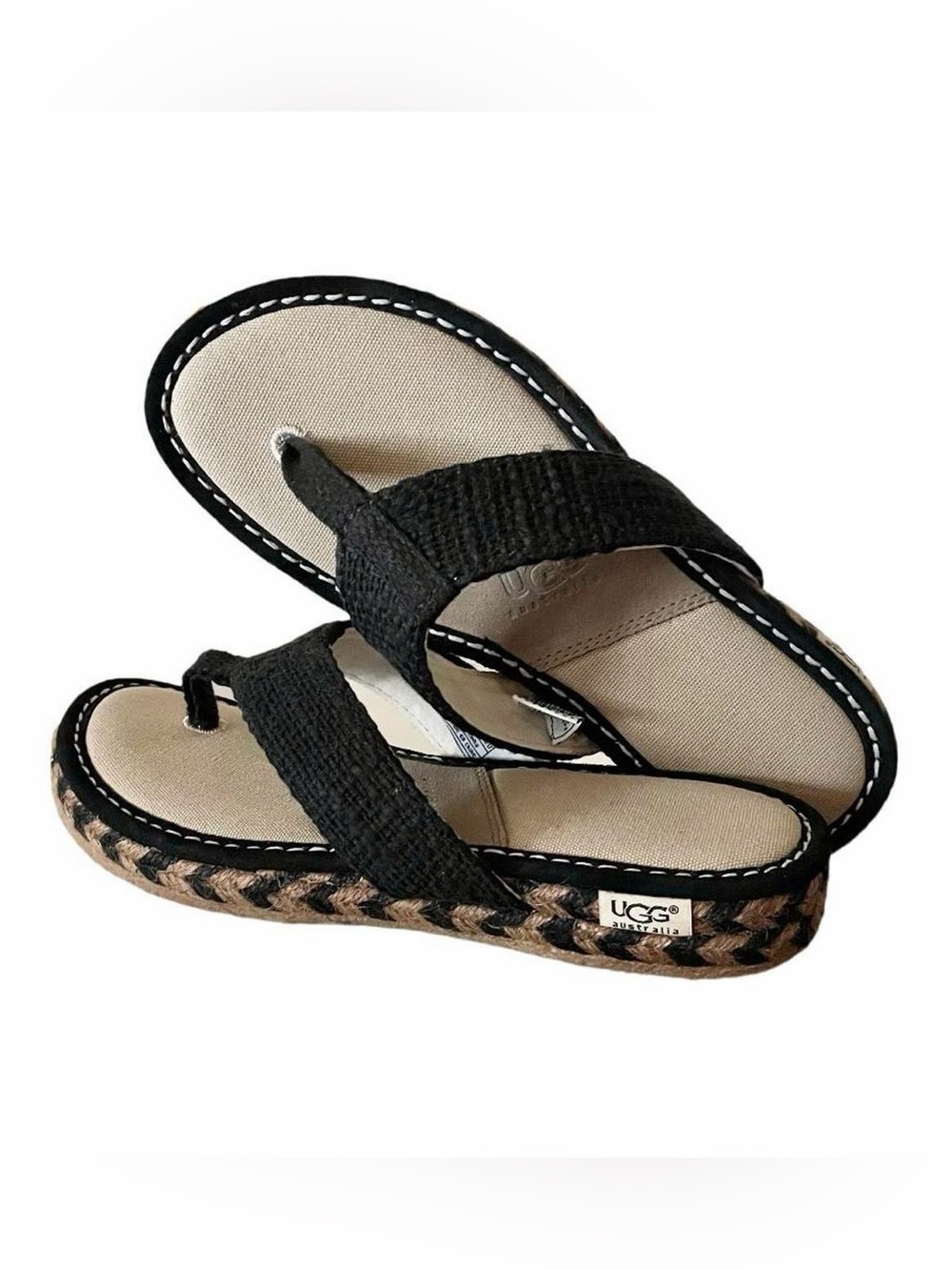 UGG Black and Beige Braided-Trim Platform Sandals